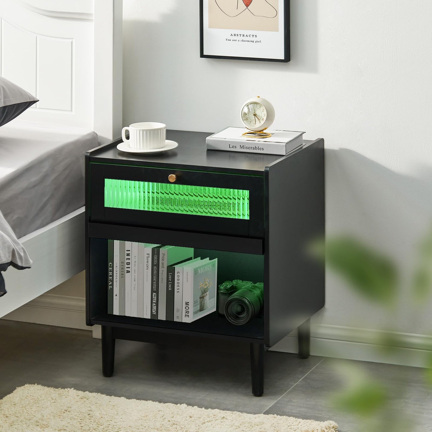 CLIPOP Led Nightstand, Bedside Table with Drawer, Solid Wood Legs, Fluted Glass Night Stand for Bedroom, Living Room, Small Space, Black