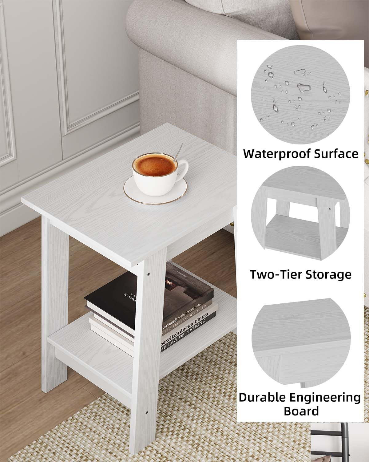 GarveeHome Side Table, Rustic Farmhouse End Table with 2 Tier Storage Shelf, Narrow Night Stand, Small Center Table, Accent Table, Minimalist End Table for Living Room, Bedroom, White