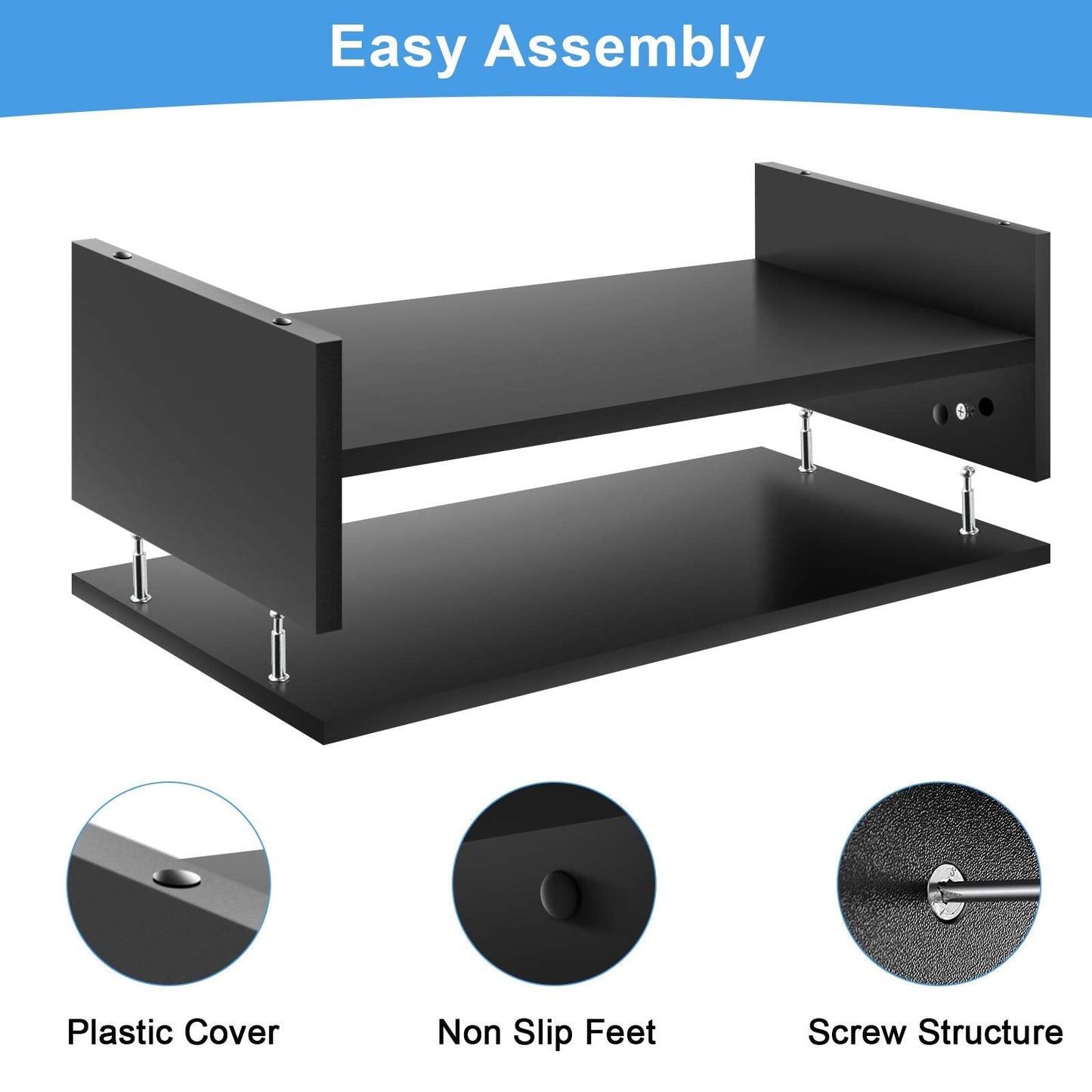 Marbrasse Monitor Stand Riser, 16.5 Inch 2 Tier Computer Printer Shelf Stand for Laptop Computer Screen Storage, Desktop Stand with Phone Holder and Cable Management Black