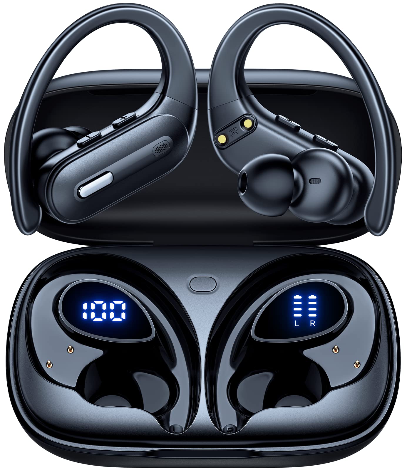 Wireless Earbuds Bluetooth 5.3 Headphones 90 Hrs Playtime Ear buds with Wireless Charging Case Power Display Over-ear Earphones with Earhooks Waterproof Stereo Headset for Android phone Workout Black