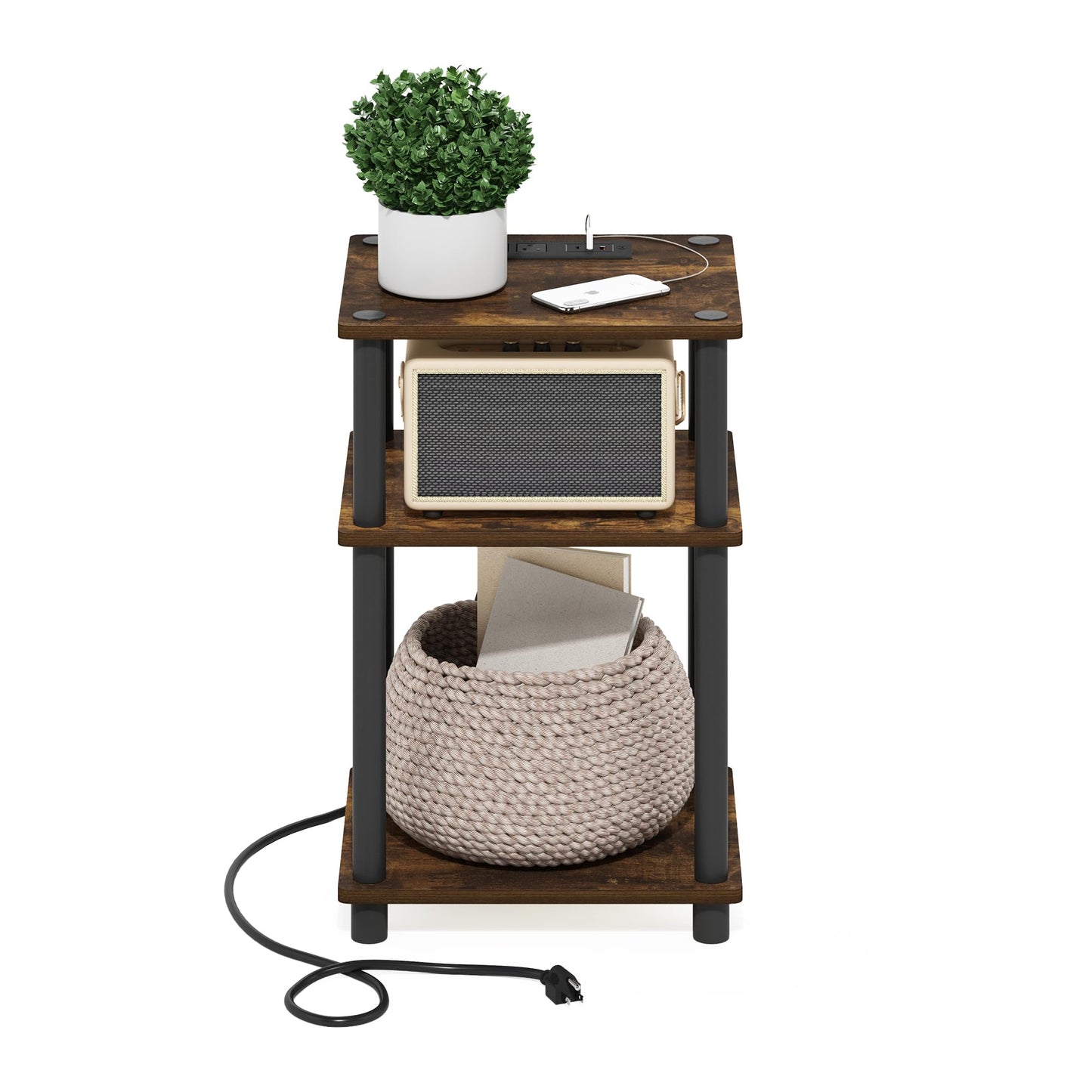 Furinno Just 3-Tier Turn-N-Tube USB and Type-C Charging Port End Table with Open Storage, 11.42 (W) x 8.82 (H) x 6.77 (D) inches, Amber Pine/Black