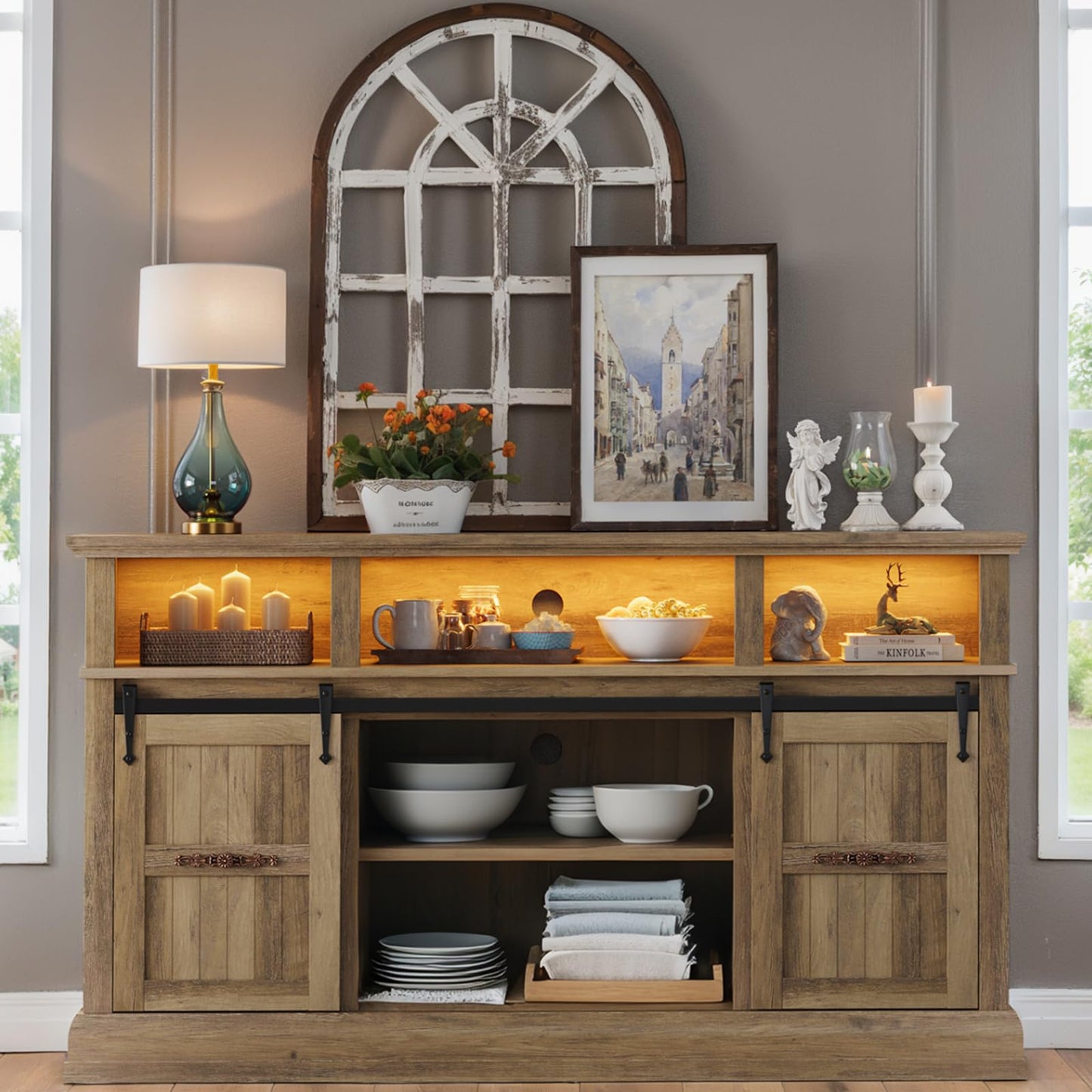 PinkMuse Sideboard Buffet Cabinet, 58" Kitchen Cabinet with LED Lights and Sliding Barn Doors, Farmhouse Coffee Table Bar Station Wood Buffet Cabinet with Storage for Kitchen, Dining Room,Rustic Oak