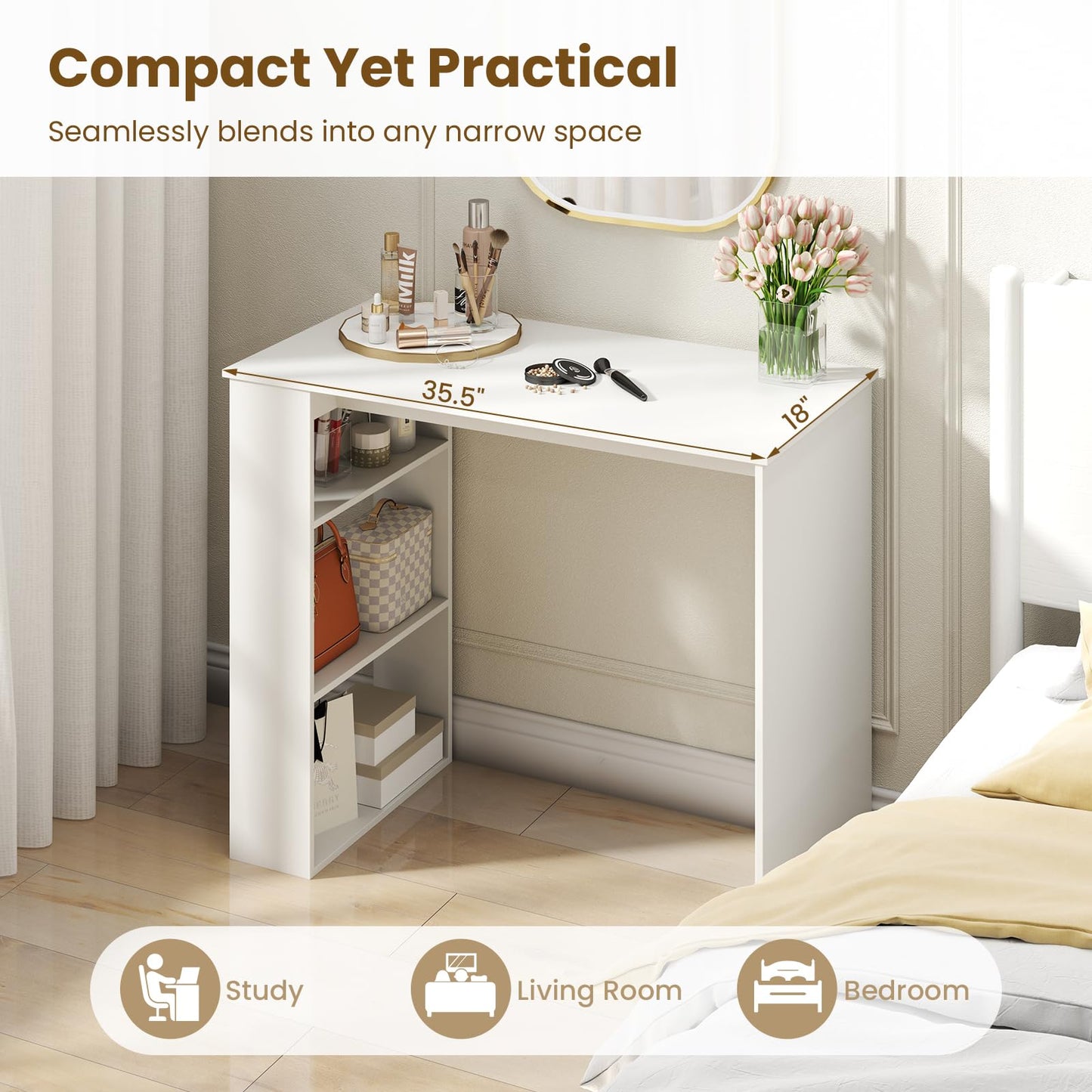 Tangkula Small White Desk with 3-Tier Bookshelf, Modern Simple Home Office Desk for Small Space, Wooden Writing Desk for Study, Living Room & Bedroom, Compact Laptop PC Workstation (White)