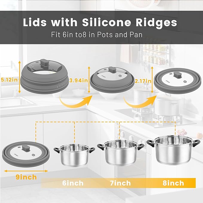 Microwave Splatter Cover, Vented Silicone and Glass Cover Splatter Guard Lid, Food Collapsible Plate Cover Lid with Easy Grip Handle. (Gray, 9 inch)