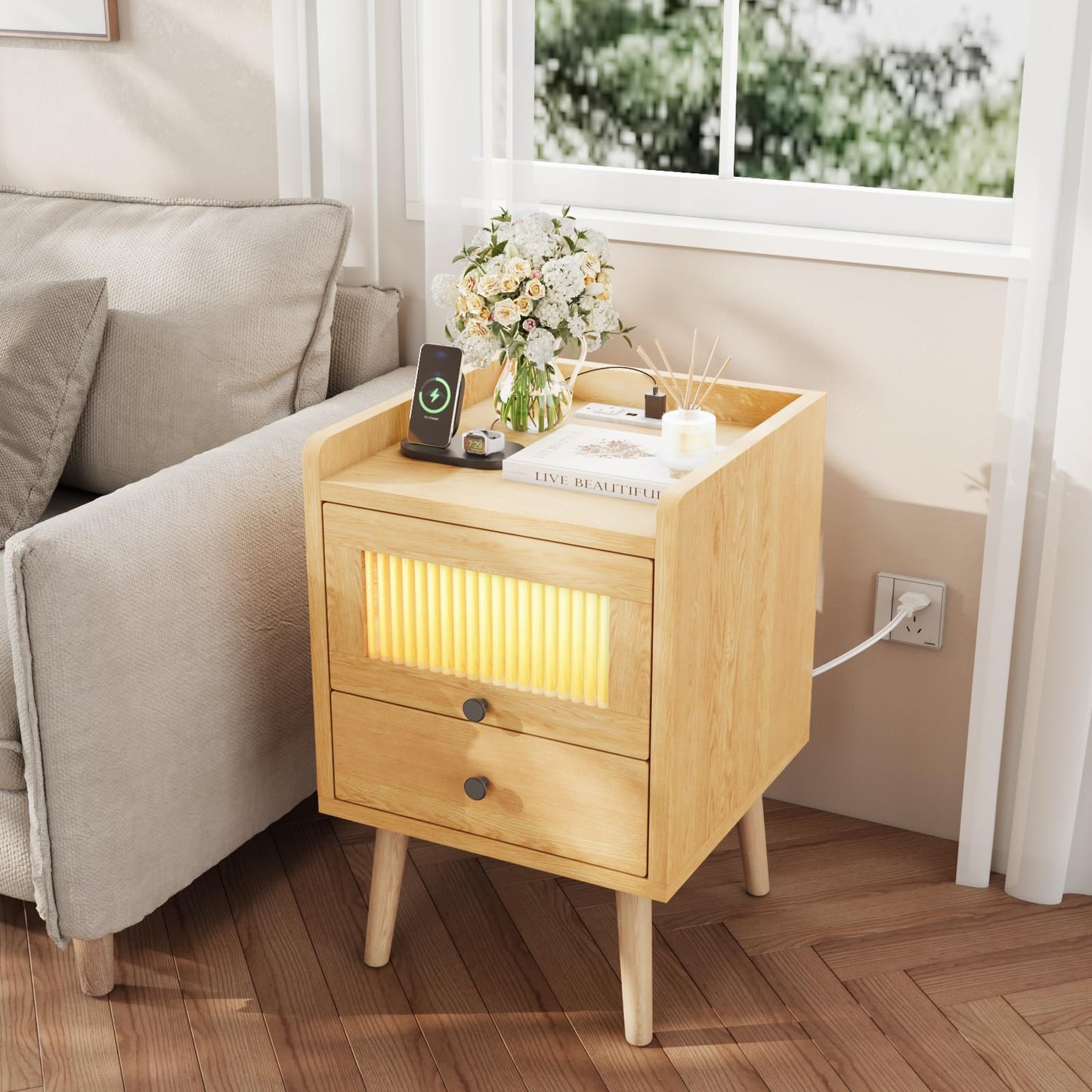 VOWNER Nightstand with Charging Station, LED Night Stand with Glass Door & Drawer, Bedside Table for Bedroom, Living Room, Natural