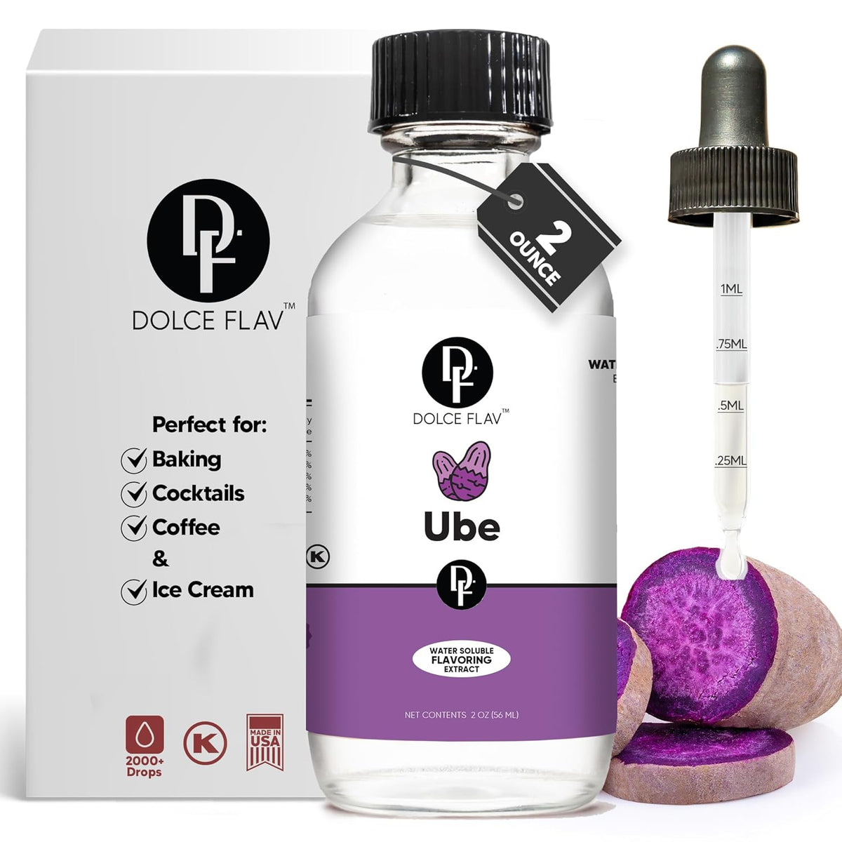 Dolce Flav Clear Ube Extract - 2 Ounce Water-Soluble Multipurpose Flavoring Ideal for Ice Cream, Cookies, Boba, Coffee & Pastries - Purple Yam Flavoring - Perfect Kitchen Gift for Holidays