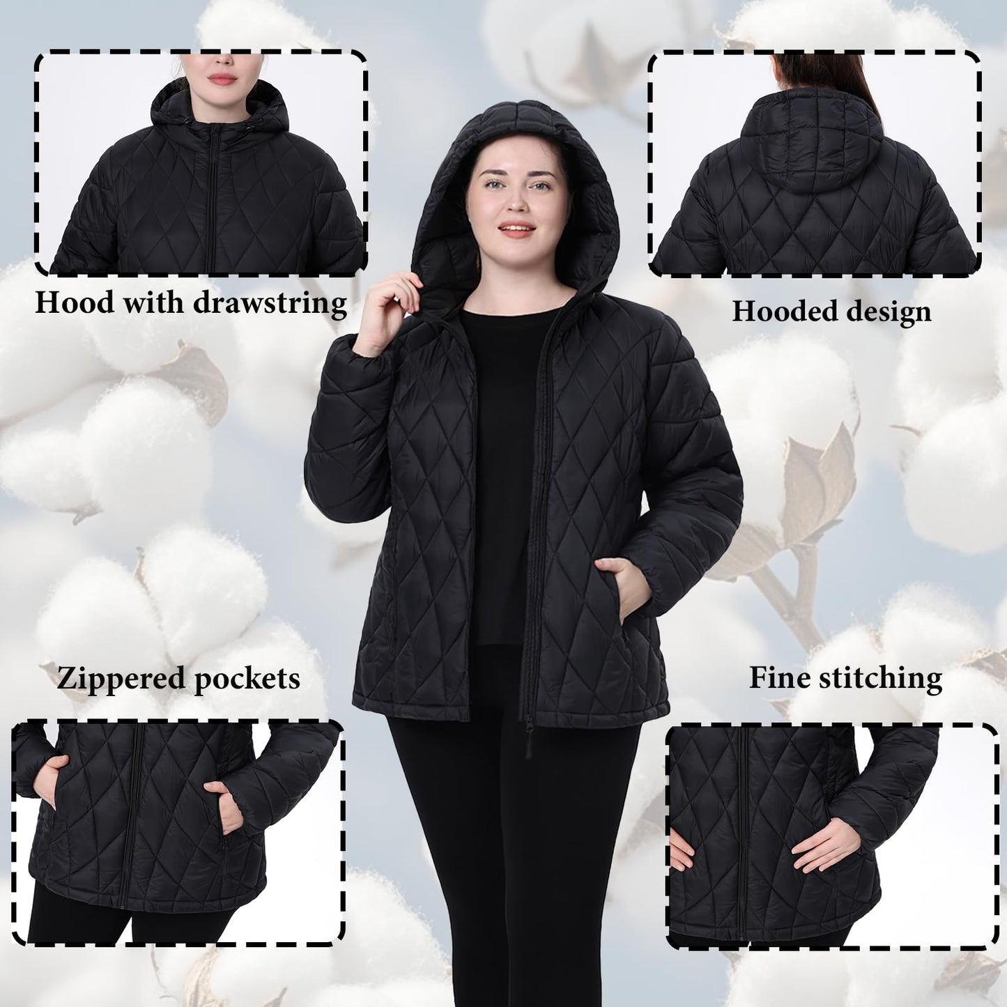 HHE Plus Size Women's Packable Puffer Jacket 1X-5X Water-Resistant Lightweight Winter Coat(Exclusively for Plus Size)(Black,2X)