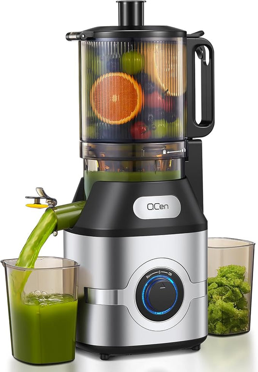 QCen Cold Press Juicer, 5.5” Wide Feed Chute Slow Masticating Juicer Machine for Whole Fruits and Vegetables, Easy to Clean (Silver)