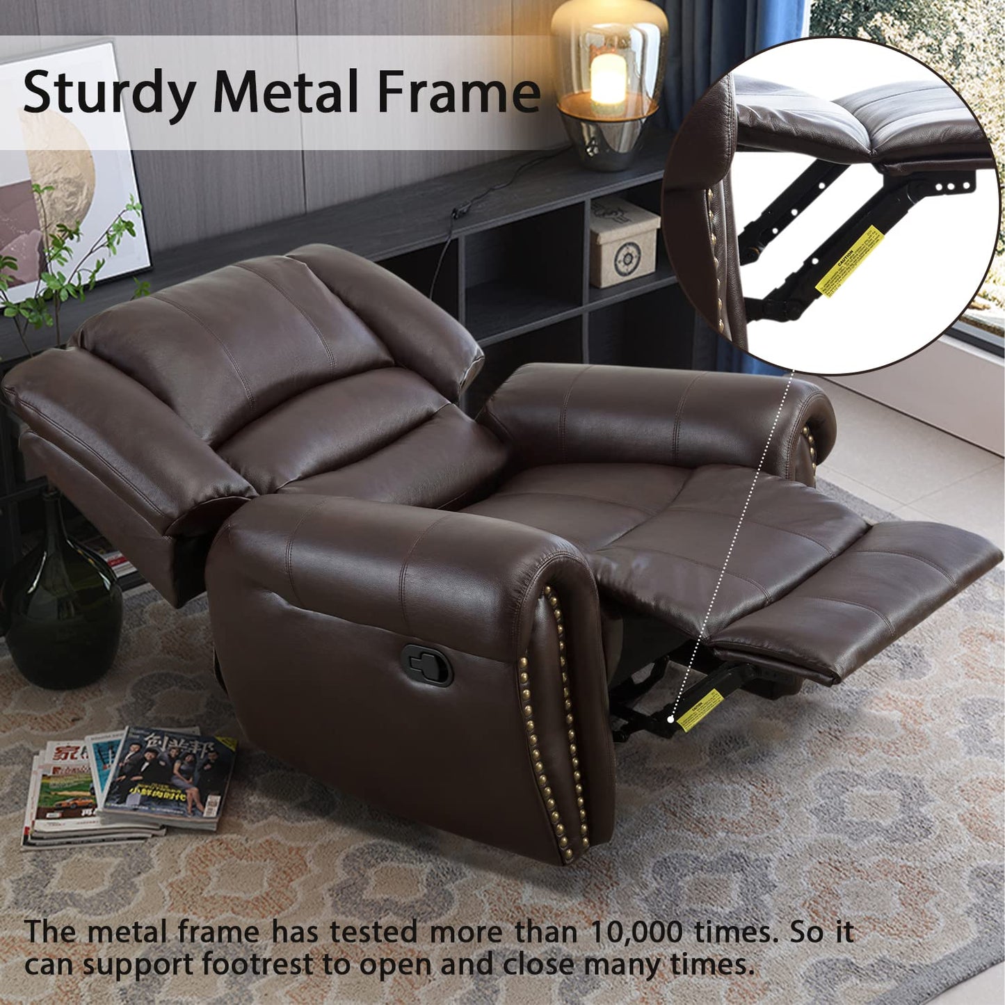 INZOY Leather Recliner Chair, Heavy Duty Manual Reclining Sofa Single Lounge Sofa for Living Room, Home Theater Seating, Brown