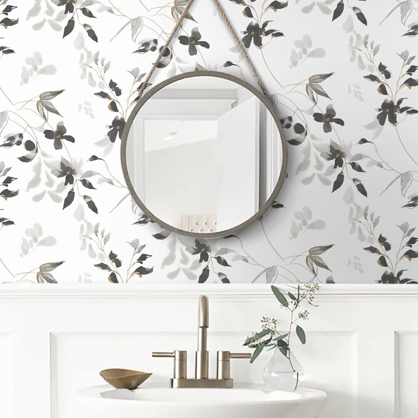 HeloHo Black and White Peel and Stick Wallpaper Boho Floral Wallpaper Leaf Self Adhesive Removable Wall Paper Waterproof Contact Paper for Bathroom Living Room Bedroom Cabinets Decor 15.35" x 118"