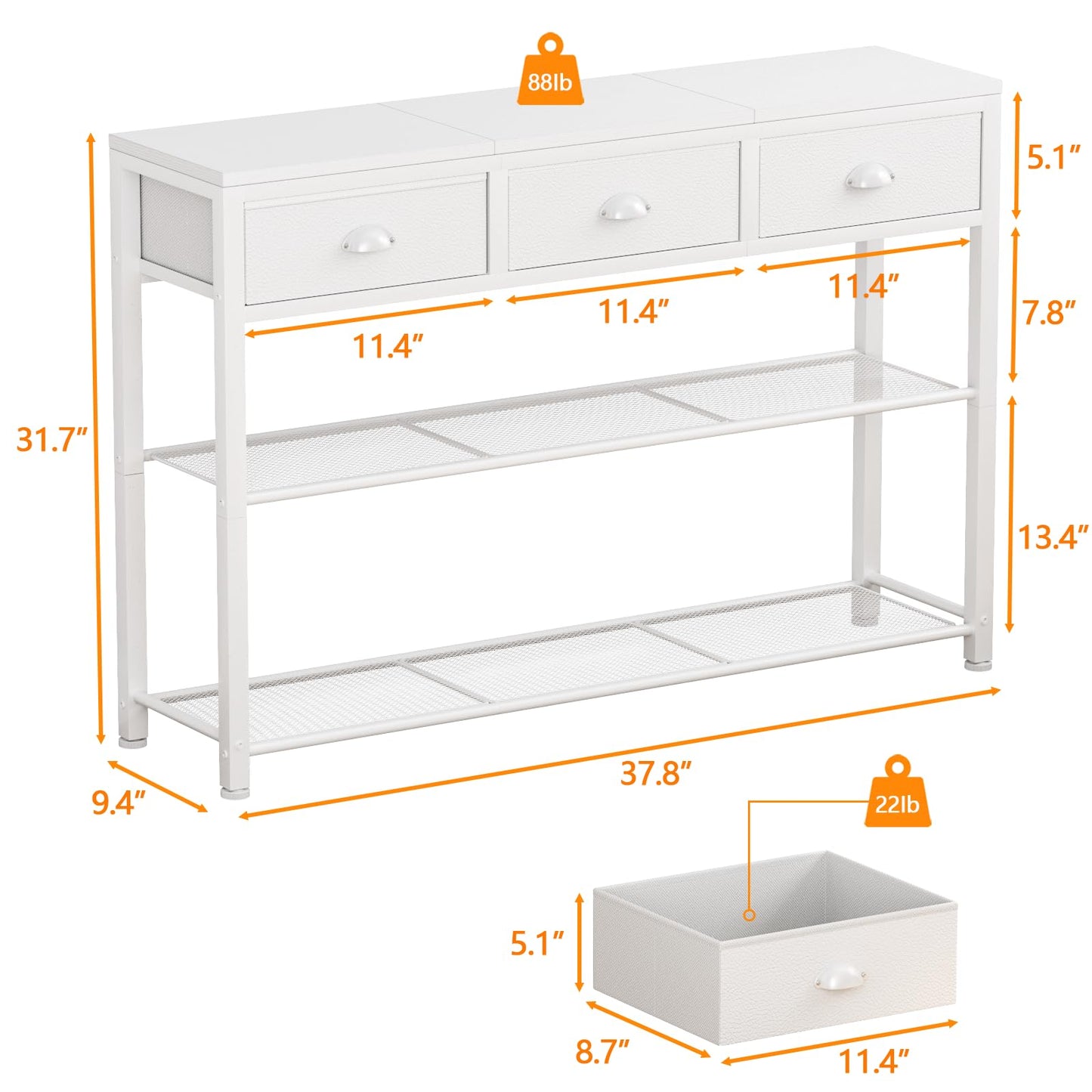 Furologee White Entryway Table, 38'' Console Sofa Table with 3 Fabric Drawers, Industrial Entry Way Table with Storage Shelves, Display Shelf for Living Room, Hallway, Entrance, Foyer