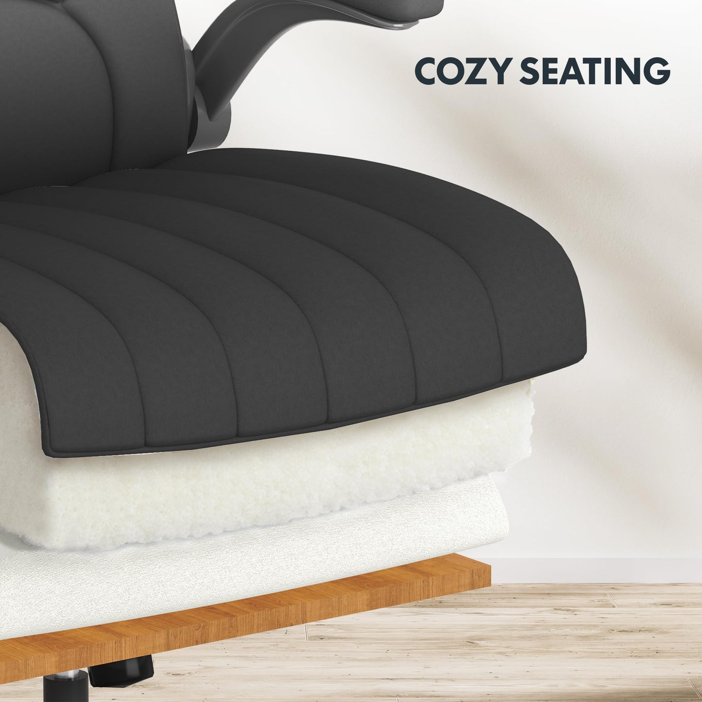 FLEXISPOT Drafting Chair, Black Desk Chair, Comfortable Office Chair with Adjustable Foot Ring Footrest/Flip-up Armrest/4.7in Thick Seat Cushion, Black Vanity Chair with Back, Leather Seat