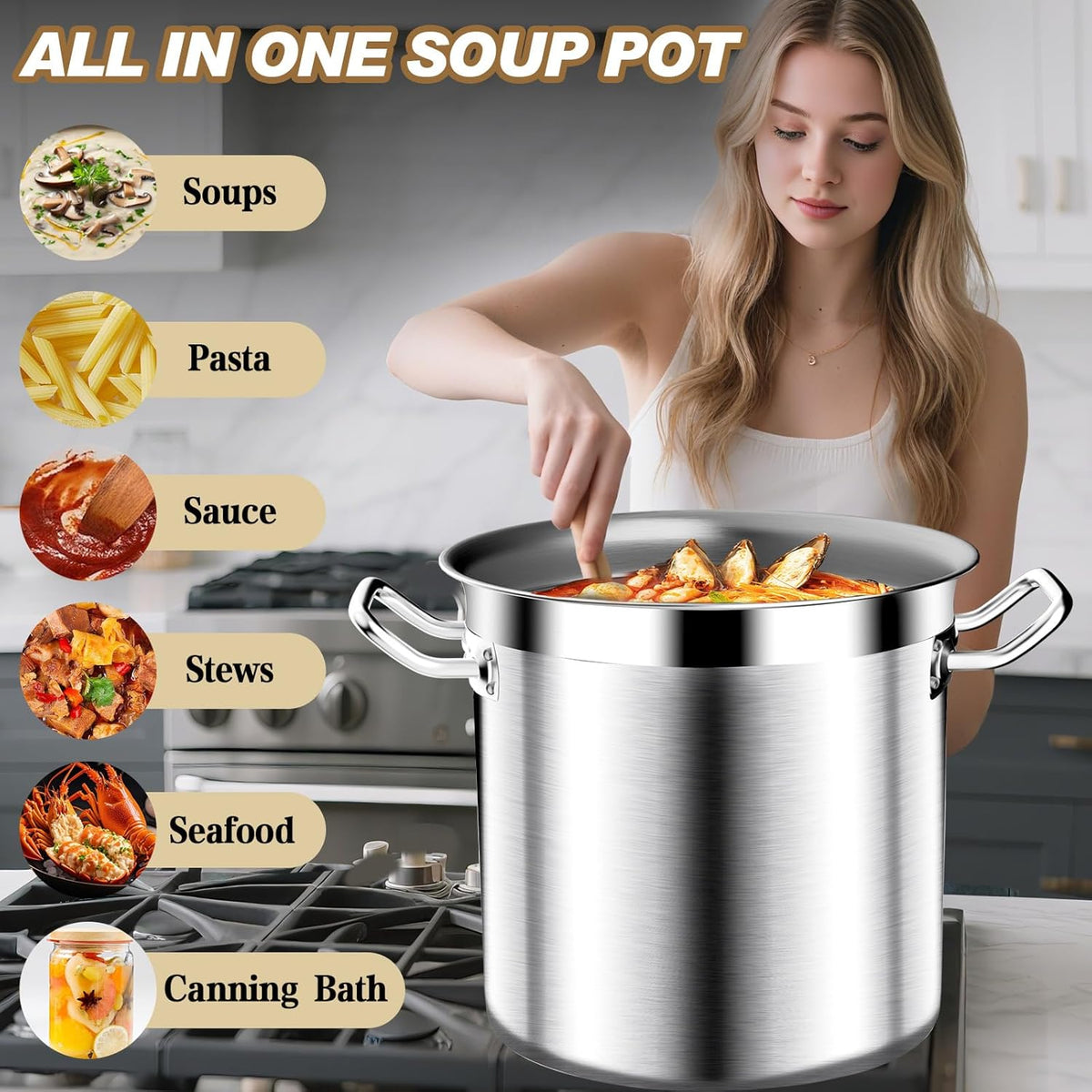 Stock Pot - 40QT Large Soup Pot with Lid - Heavy Duty Induction Tri-Ply Bottom Commercial Grade Stockpot for Boiling Cooking Soup Stew Pasta Cooking Pots, Deep Cookware