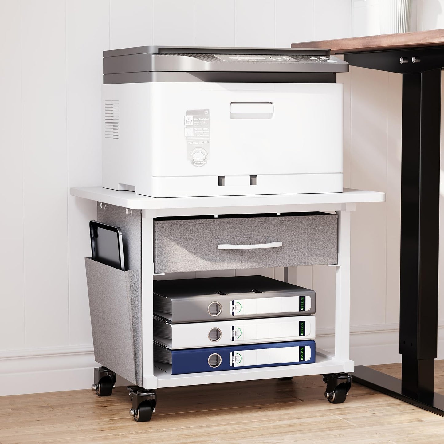 MIXISAV 2 Tier Printer Stand with Storage Drawer - Under Desk Rolling Printer Cart for Home Office, Small Printer Table with Industrial Locking Wheels fit Fax Machine/Scanner (White)