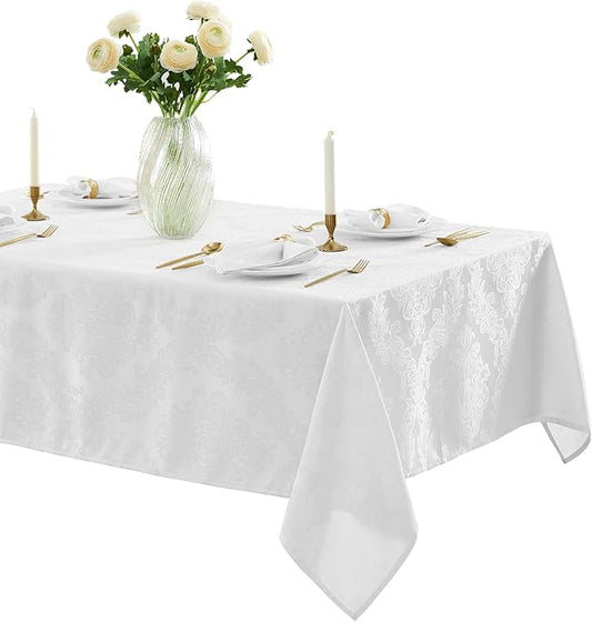 Newbridge Barcelona Luxury Damask Fabric Tablecloth, 70” Extra Wide x 90” Rectangle, White, 100% Polyester, No Iron, Soil Resistant Dining Room, Party and Banquet Table Cover
