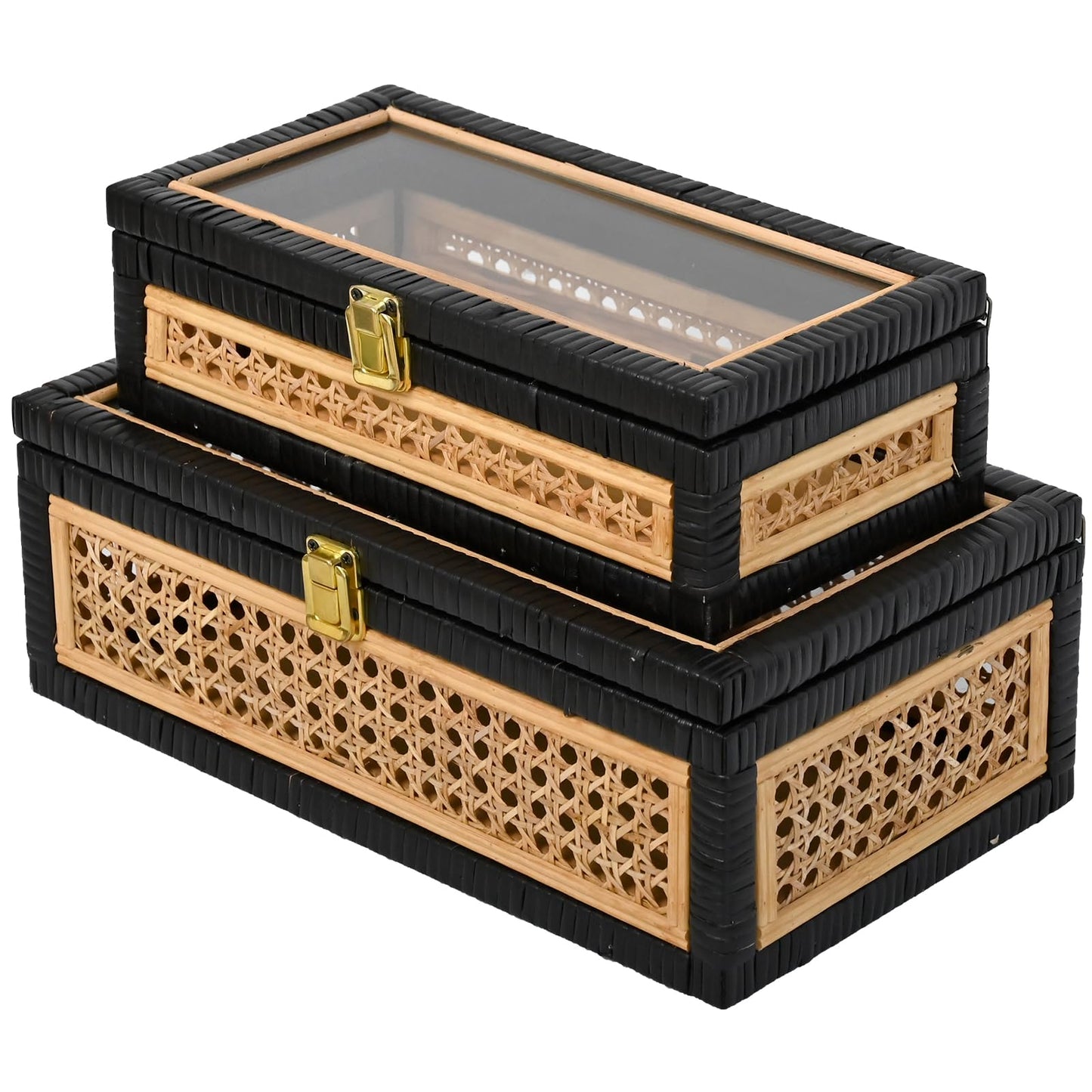 DECOR4SEASON Cane and Rattan Decorative Storage Boxes with Lids - Elegant Set of 2, Stacking Boxes with Glass Top, Handcrafted Rustic Charm for Home Organization (Rattan&Black, 14.1"x8.2"5.1")