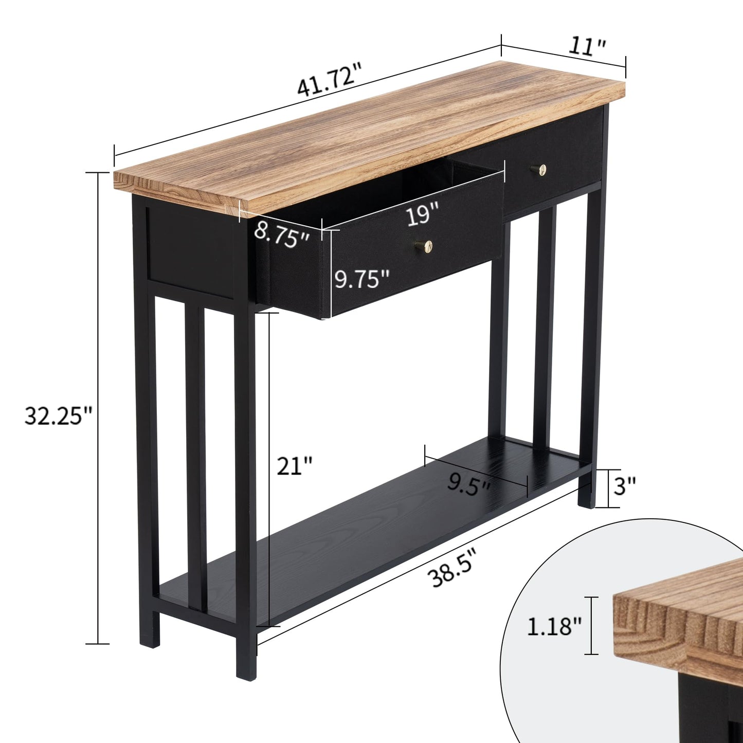 FLYJOE Solid Wood Console Table with 2 Fabric Drawers, 42" Entryway Table with Storage Shelves, Sofa Table for Entryway, Hallway, Living Room, Kitchen or Behind Couch in Foyer, Black