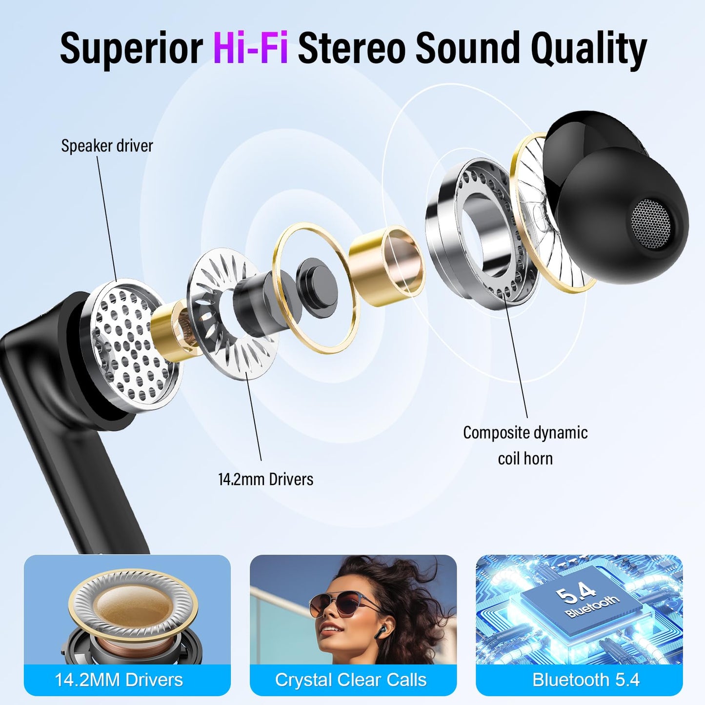 Wireless Earbuds, Bluetooth 5.4 Headphones with Multifunctional Touch Screen, 48H Bass Stereo Ear Buds with ANC/ENC Noise Cancelling/Transparency Mode, IPX7 Earphones with 5 EQ Modes for iOS Android