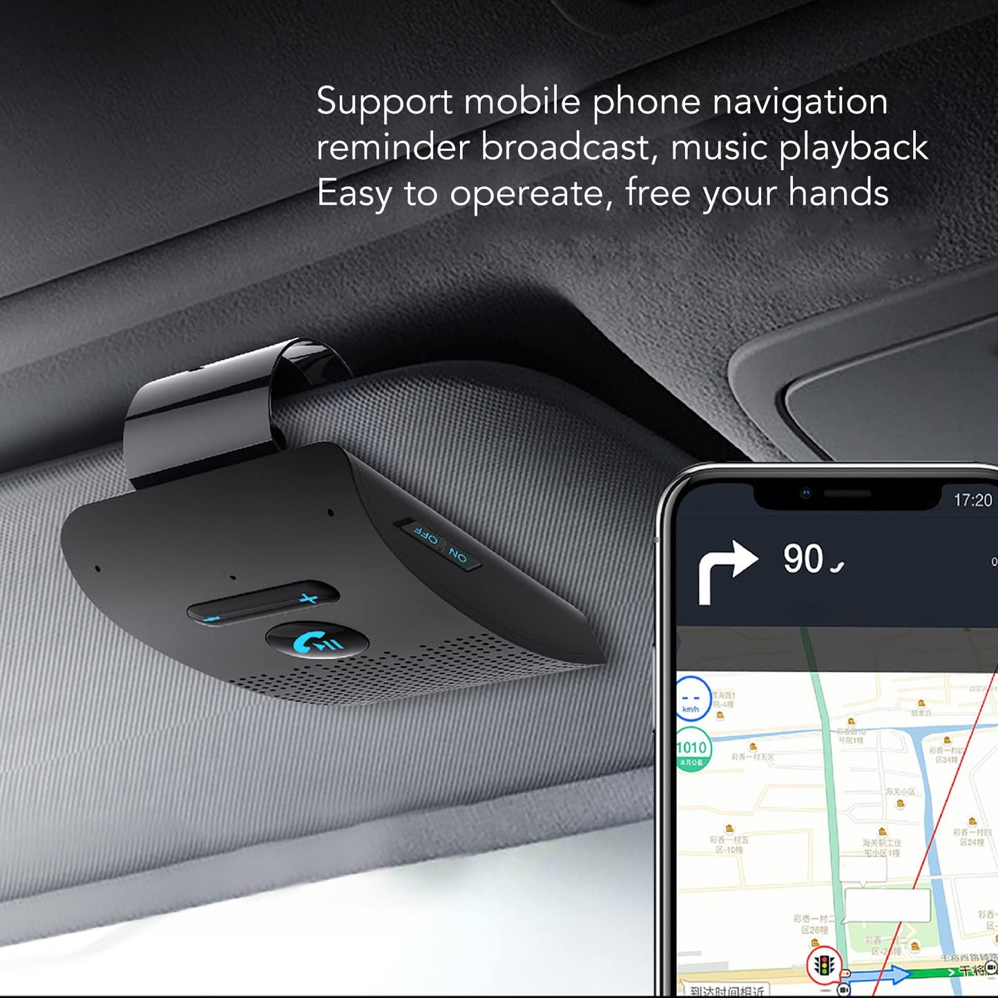 Handsfree Bluetooth for Phone Car Kit, Bluetooth Car Speaker Auto Power On Navigation Assistant Car Visor Bluetooth Receiver with Back Clip, Cars Handsfree Speakerphone Adapter