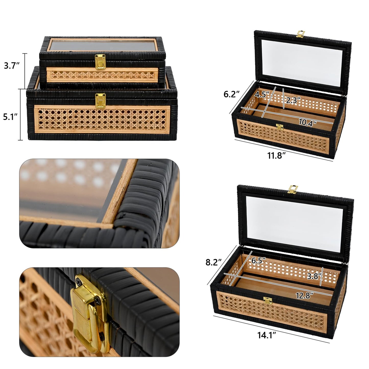 DECOR4SEASON Cane and Rattan Decorative Storage Boxes with Lids - Elegant Set of 2, Stacking Boxes with Glass Top, Handcrafted Rustic Charm for Home Organization (Rattan&Black, 14.1"x8.2"5.1")