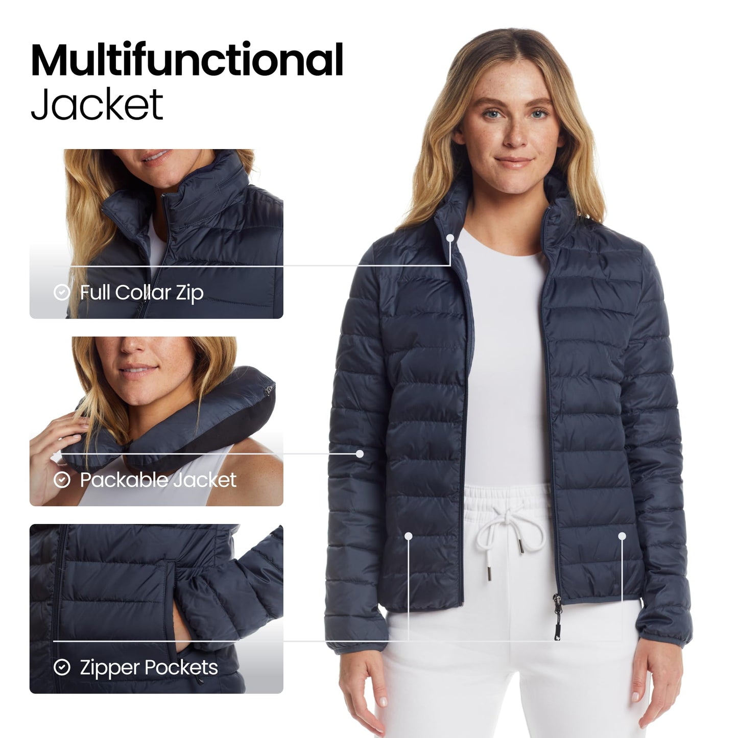 Weatherproof Women's Packable Puffer Jacket with Travel Neck Pillow - Lightweight, Warm, Water-Resistant Down Jacket (X-Large) Pewter | Quilted, Packable Travel Jacket with Long Zipper