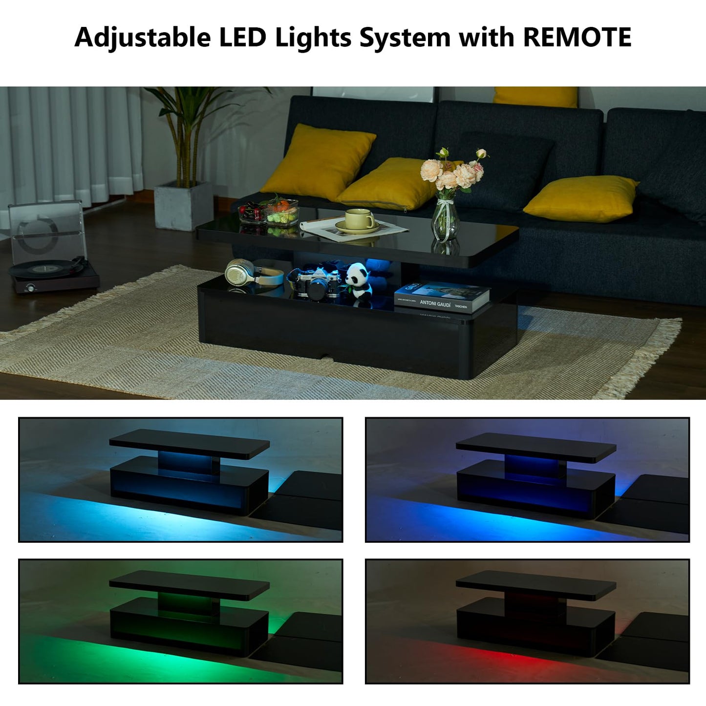 oneinmil Modern LED Coffee Table, 40 Inches Living Room Tables with 16 Colors LED Lights, Double-Layer Design, Stylish Coffee Tables for Living Room, Home, Office, Black