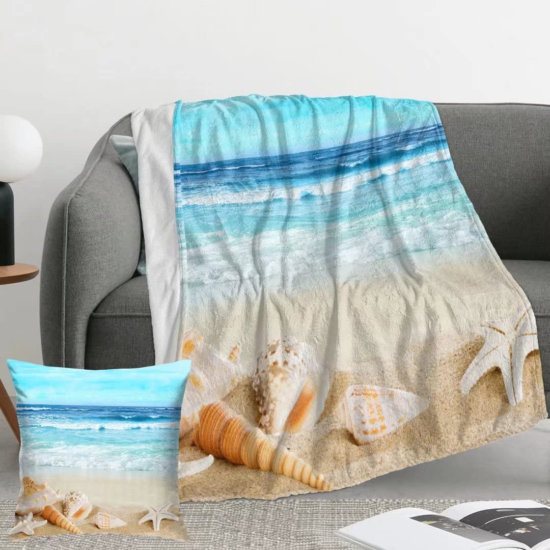 Beach Throw Blanket 50x40 Inch, Beach Starfish Lightweight Soft Microfiber Throw Blanket with 18x18 Inch Pillowcase Perfect for Bed and Sofa