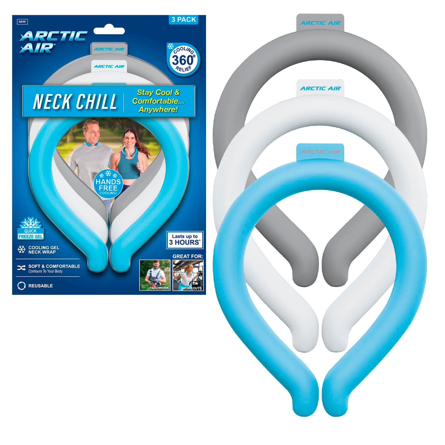 Arctic Air Neck Chill, Neck Cooling Tube, Hands Free Cooling, Quick Freeze Gel, Wearable Body Coolers for Hot Weather, Reusable, Adjustable Fit, 3 Pack