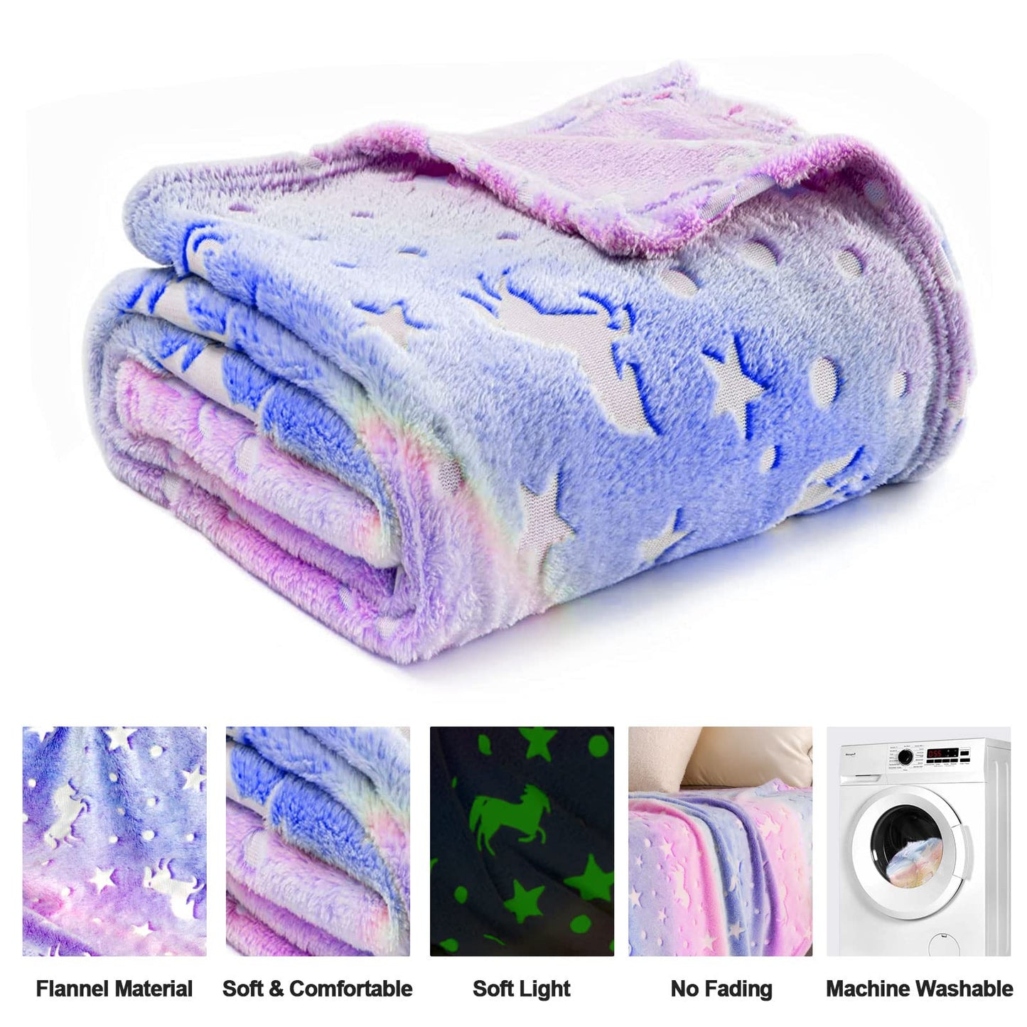 Unicorn Glow in The Dark Blanket for Girls/Kids Age 3-12, Soft Fleece Throw - 40"x60"
