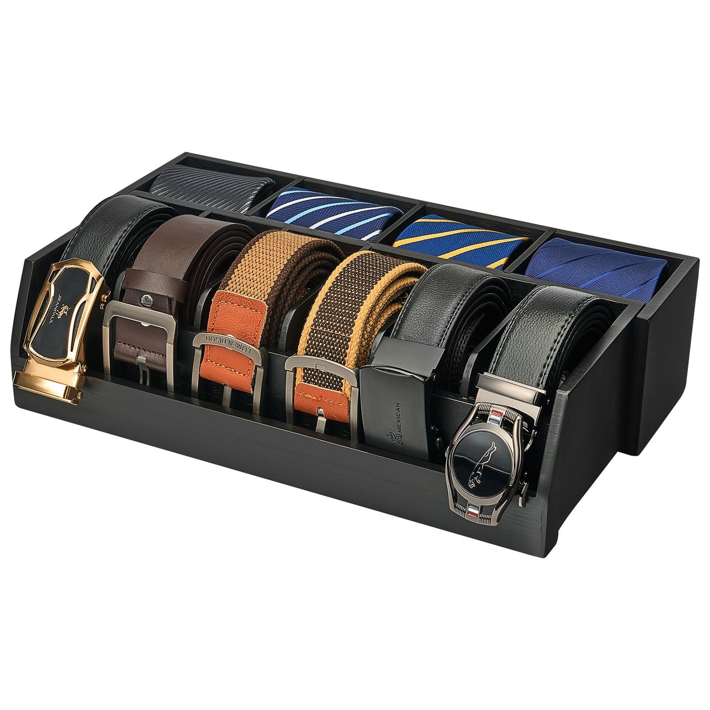 Ikkle Wooden Belt Organizer Box, 10 Compartment Belt & Tie Storage, Closet & Drawer Display Case, Large Holder (Black)