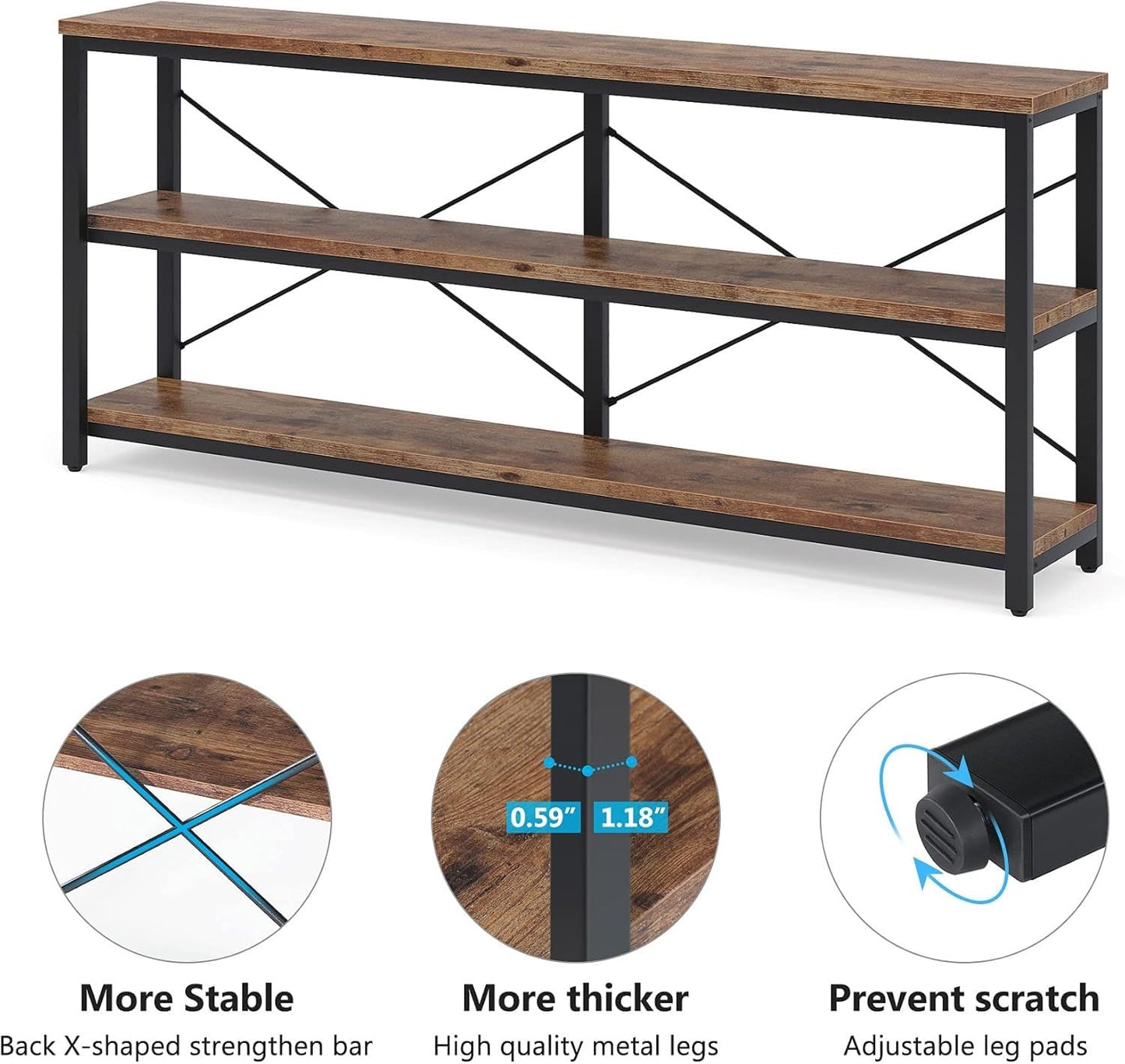 Vagaconl 71inch Sofa Tables Extra Long Couch Table, Narrow Long Console Table, Entryway Table,Sofa Table with 3 Tiers Storage Shelves (Rustic Brown)