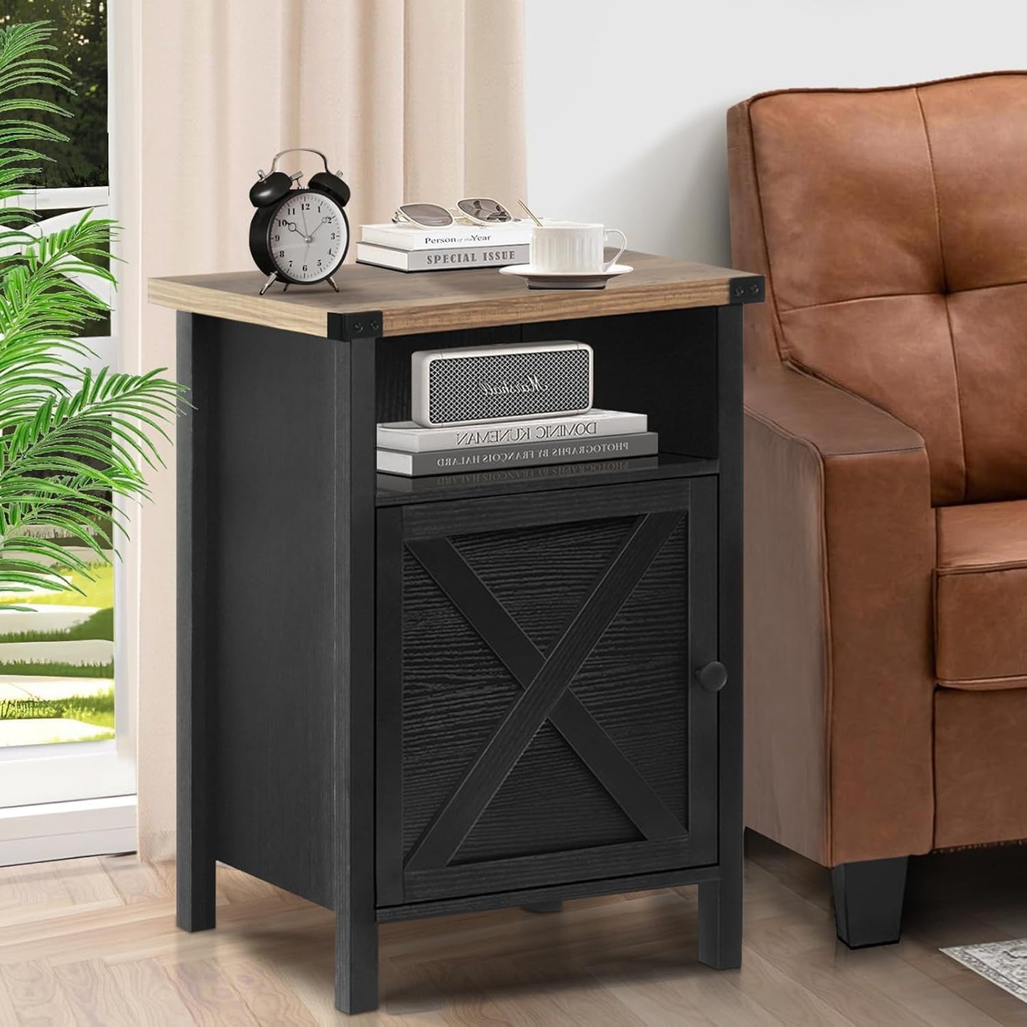 Farmhouse End Table, Nightstand, End Tables with Barn Door and Shelf, Wooden Sofa Side Table, Modern Bed Side Table Rustic Nightstands Set of 2, Bedroom, Living Room, Black