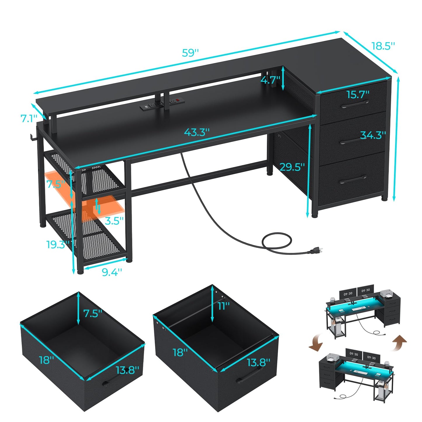 SEDETA 59" Office Desk with Drawers, Reversible Computer Desk with File Drawers & Storage, Gaming Desk with LED Lights & Power Outlet, Home Office Desks for Printer, Black