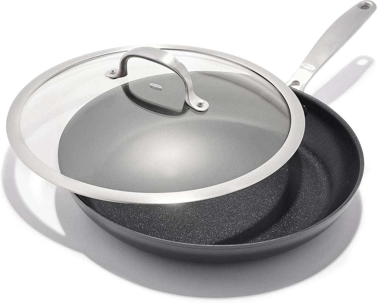 OXO Enhanced, 12" Frying Pan Skillet with Lid, Healthy Ceramic Nonstick, PFAS-Free, Stainless Steel Handle, Dishwasher Safe, Oven Safe, Black