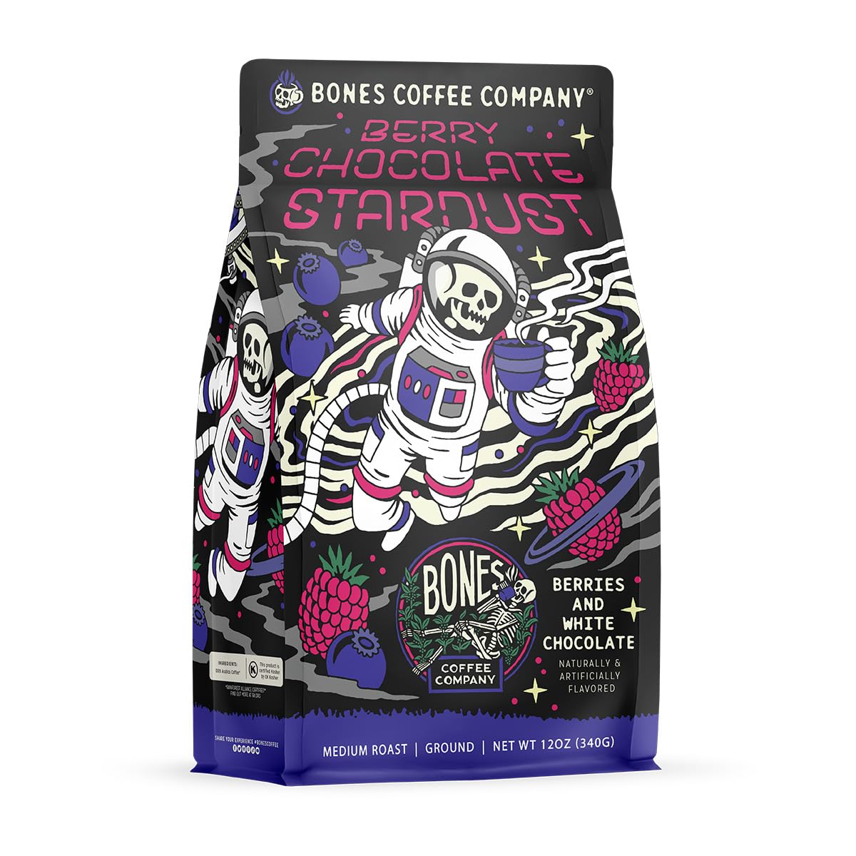 Bones Coffee Company Berry Chocolate Stardust, Berries and White Chocolate Flavored Coffee, Medium Roast Low Acid Arabica Beans For Auto drip and French Press Coffee Maker, 12 Oz Ground