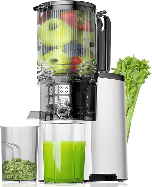 EanOruus Cold Press Juicer, 5.8" Wide Feed Chute Juice Extractor Machine with 400W, High Juice Yield, Slow Masticating Juicer for Whole Vegetables & Fruits, Silver