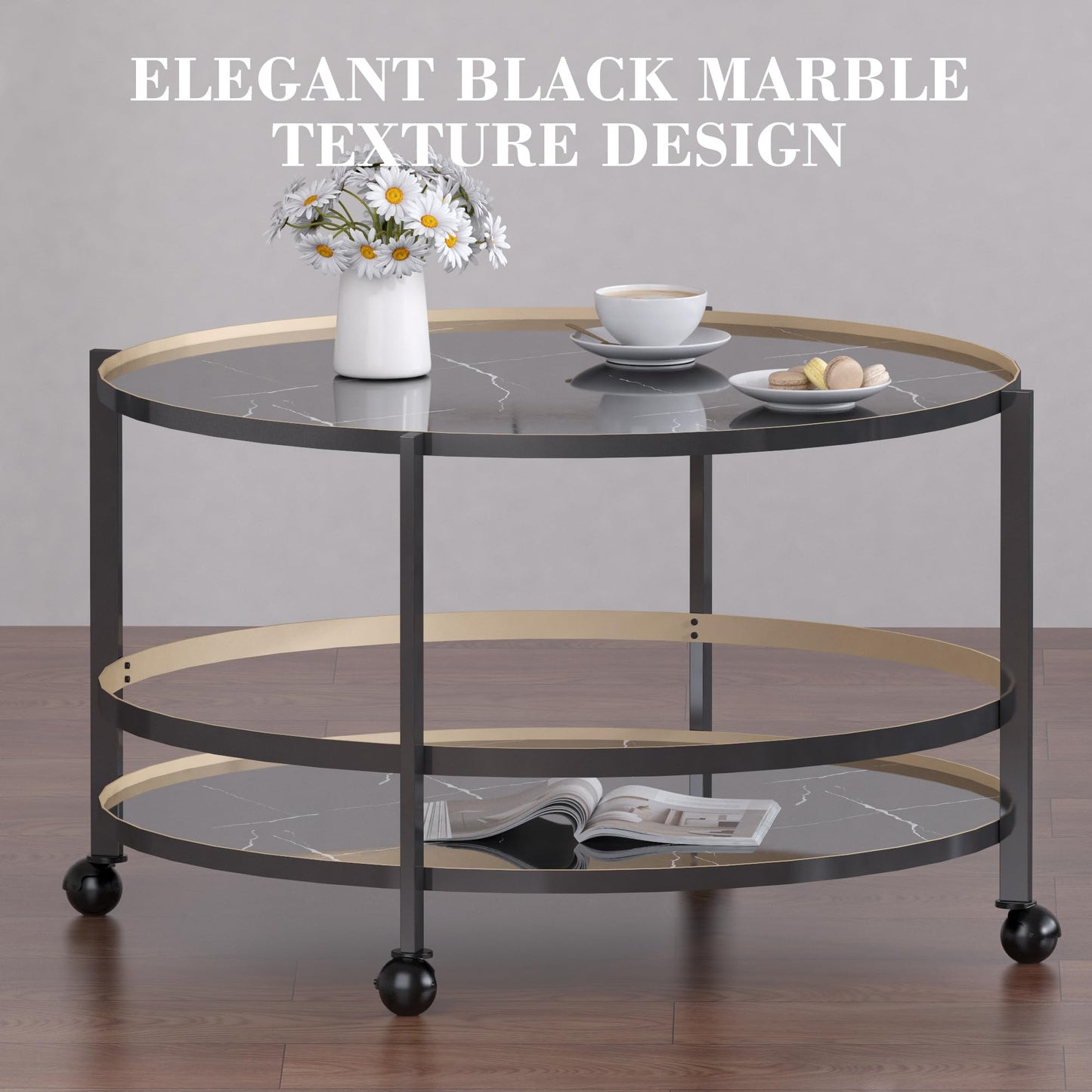 DYZAIMAX Round Coffee Table with Wheels & 2-Tier Design Black Marble-Textured Top, Sturdy Metal Frame & Premium Baked Paint Finish for Living Room, Balcony, Home - Easy Assembly - 31.5"x19.7"