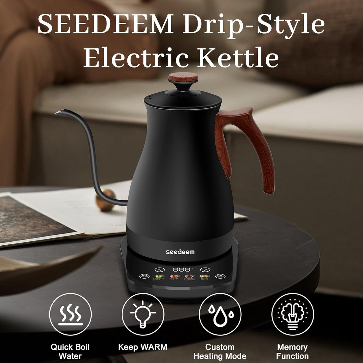 SEEDEEM Gooseneck Electric Kettle Full Touch Screen 1200W Electric Tea & Coffee Kettle with Four Heating Modes Rapid Heating,±1℉ Temperature Control，Keep Warm Mode,1L Electric kettle