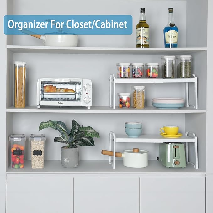 2 Pack Expandable Kitchen Cabinet Shelves Organizers, Stackable Adjustable Small Storage Shelf Rack Stand Riser for Pantry Cabinet Cupboard Kitchen Counter Organization, 22 lbs Capacity, Length:20.5"