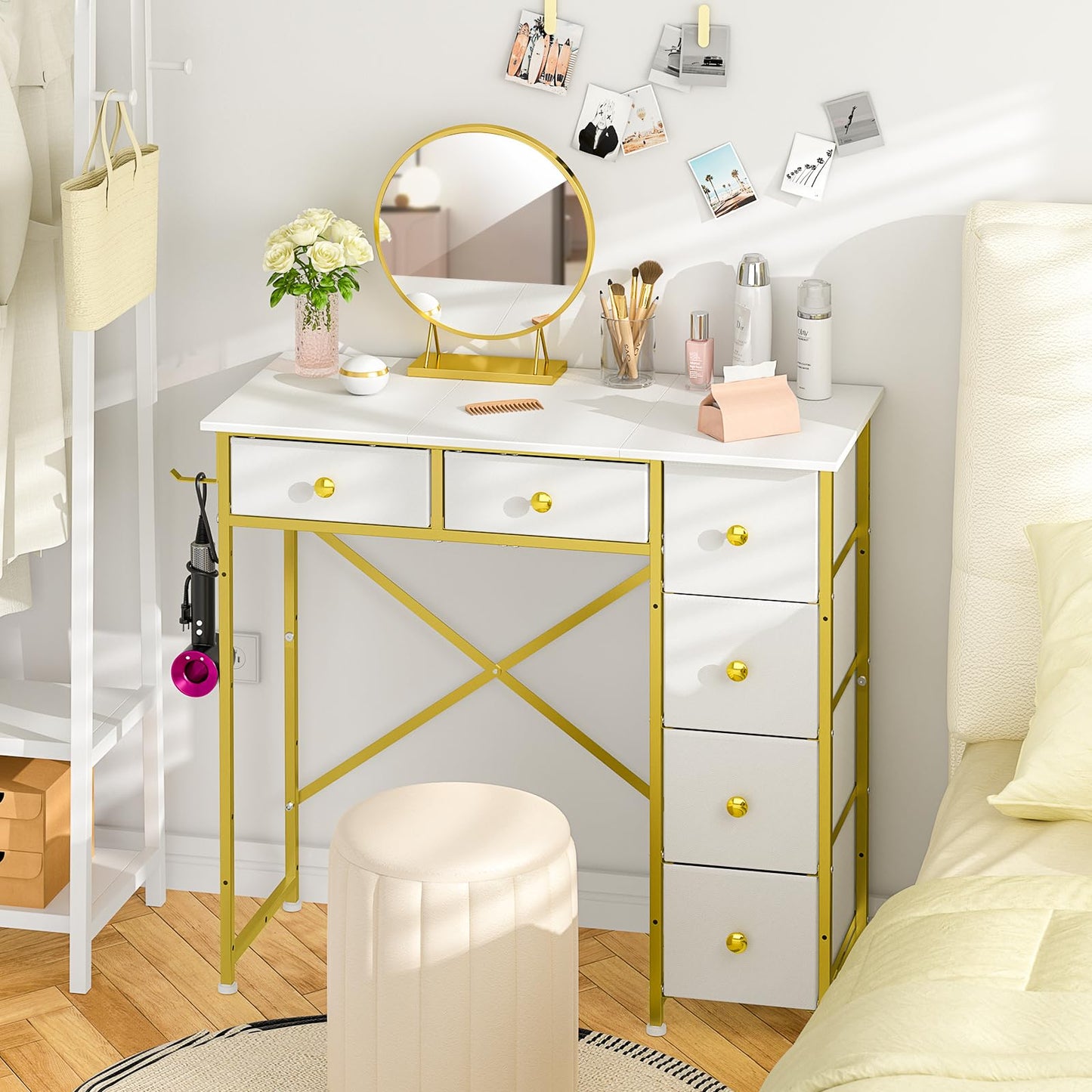 3IngSeagulls Small Computer Desk with 6 Drawers, 32 Inches Work Table for Home Office, Writing Desk with Storage, Compact Study Desk for Small Spaces, Kids Study Desk for Bedroom, White and Golden