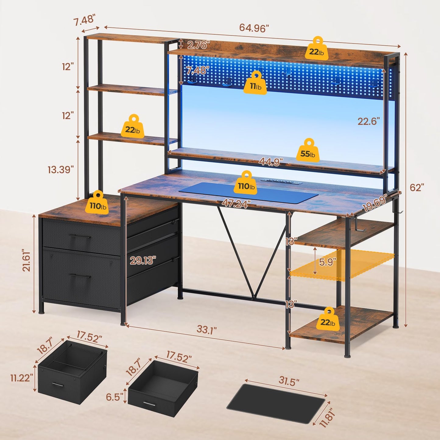 UPOSOJA Gaming Desk with Hutch, 65in Reversible Computer Desk with Power Outlets LED Light, Home Office Desk with Monitor Stand 2 Drawers 4 Storage Shelves Pegboard 8 Hooks Mouse Pad (Brown)