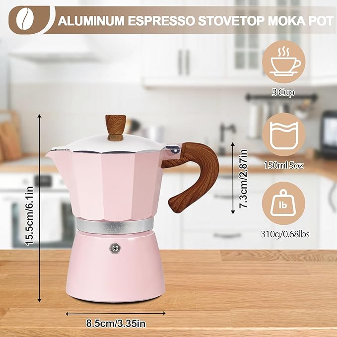 Aluminum 3 Cup 150ml Moka Pot Express Coffee Maker Stovetop Espresso Colorful Coffeemaker Italian Classic Style Brewing Greca Cafe Mocha Machine for Cafeteras Lover Camping Travel and Home Use 5oz