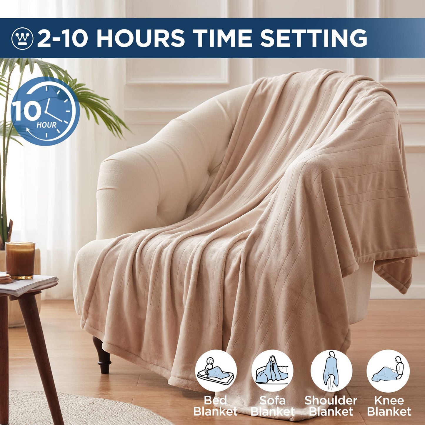 Westinghouse Electric Blanket Heated Throw, Super Cozy Soft Flannel 50" x 60" Heated Throw with 6 Fast Heating Levels & 2-10 Auto-Off, Machine Washable, ETL&FCC Certification, Home Office Use, Beige
