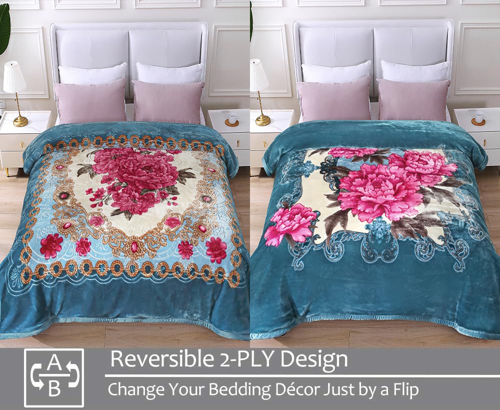 JYK Korean Mink Fleece Blanket King Size 83'' x 91'', 5.7 Pounds - 2 Ply Reversible Silky Soft Plush Warm, Flannel Cozy Blankets for Autumn, Winter - Blue/Peony