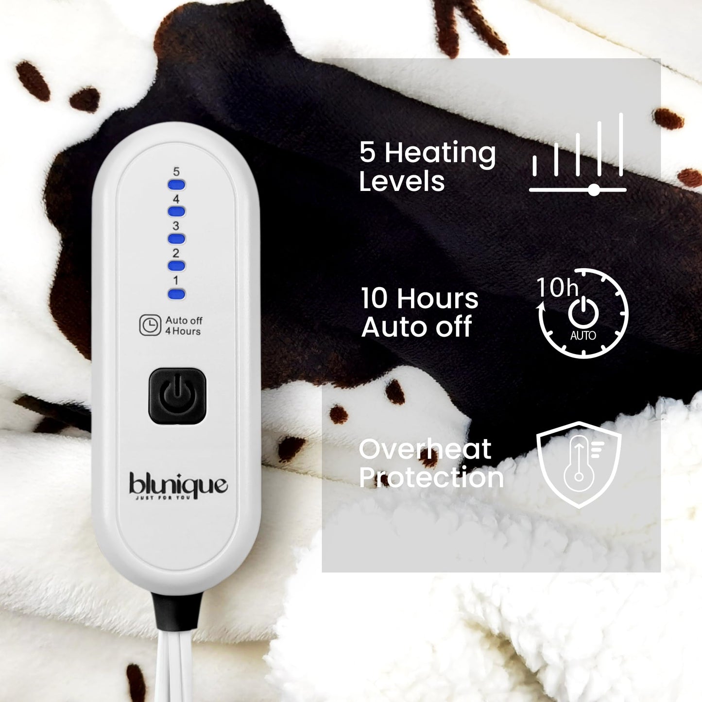 blunique Cow Print Electric Heated Blanket Queen-Dual Control Heating Blanket Queen Size with 5 Heat Levels & 10 Hours Auto-Off, Cozy Soft Fleece Sherpa, Washable, 84x90 Inche