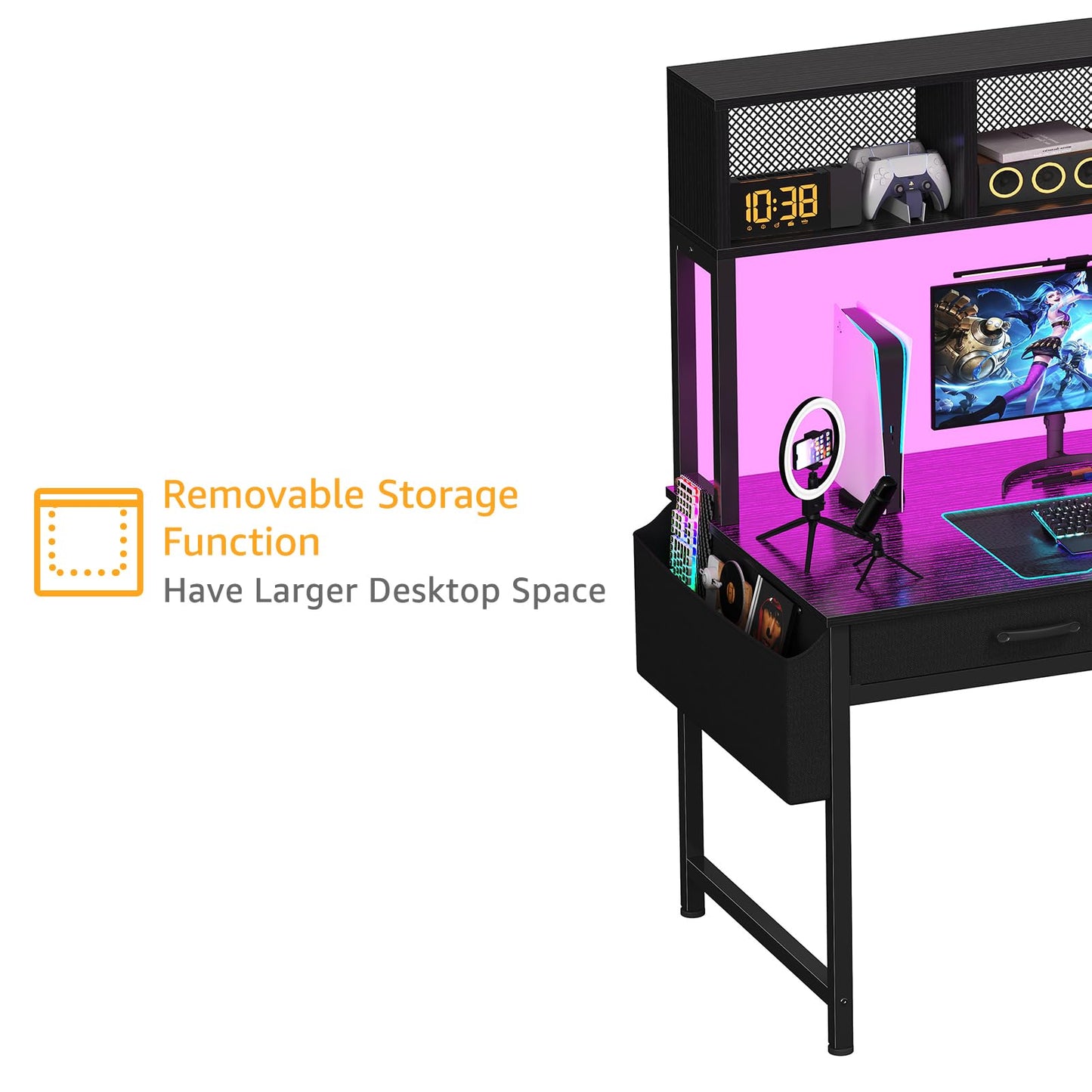 Black Gaming Desk with Hutch and Shelves - Gaming Computer Desk with 2 Storage Drawers, LED Light and Power Outlets, 47 Inch Working Modern Writing Study Desks for Bedroom Home Office