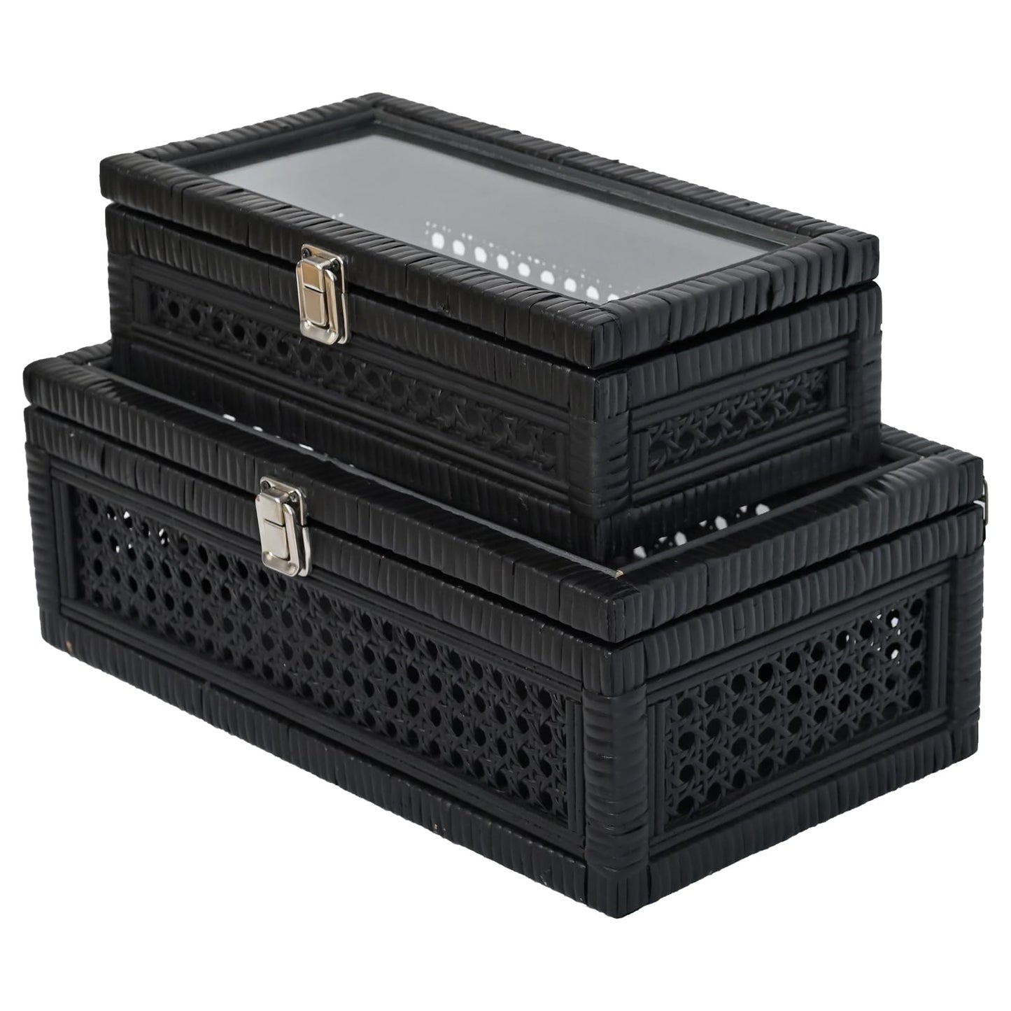 DECOR4SEASON Cane and Rattan Decorative Storage Boxes with Lids - Elegant Set of 2, Stacking Boxes with Glass Top, Handcrafted Rustic Charm for Home Organization (Black, 14.1"x8.2"x5.1")