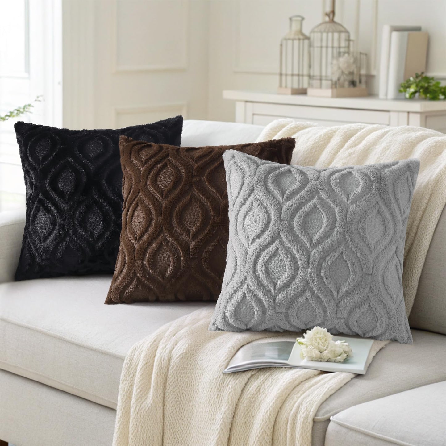 decorUhome Throw Pillow Covers 12x20 Inch Set of 2, Soft Plush Faux Wool Brown Solid Couch Pillow Covers, Accent Farmhouse Neutral Square Pillow Cases for Sofa Bed Living Room Home Decor
