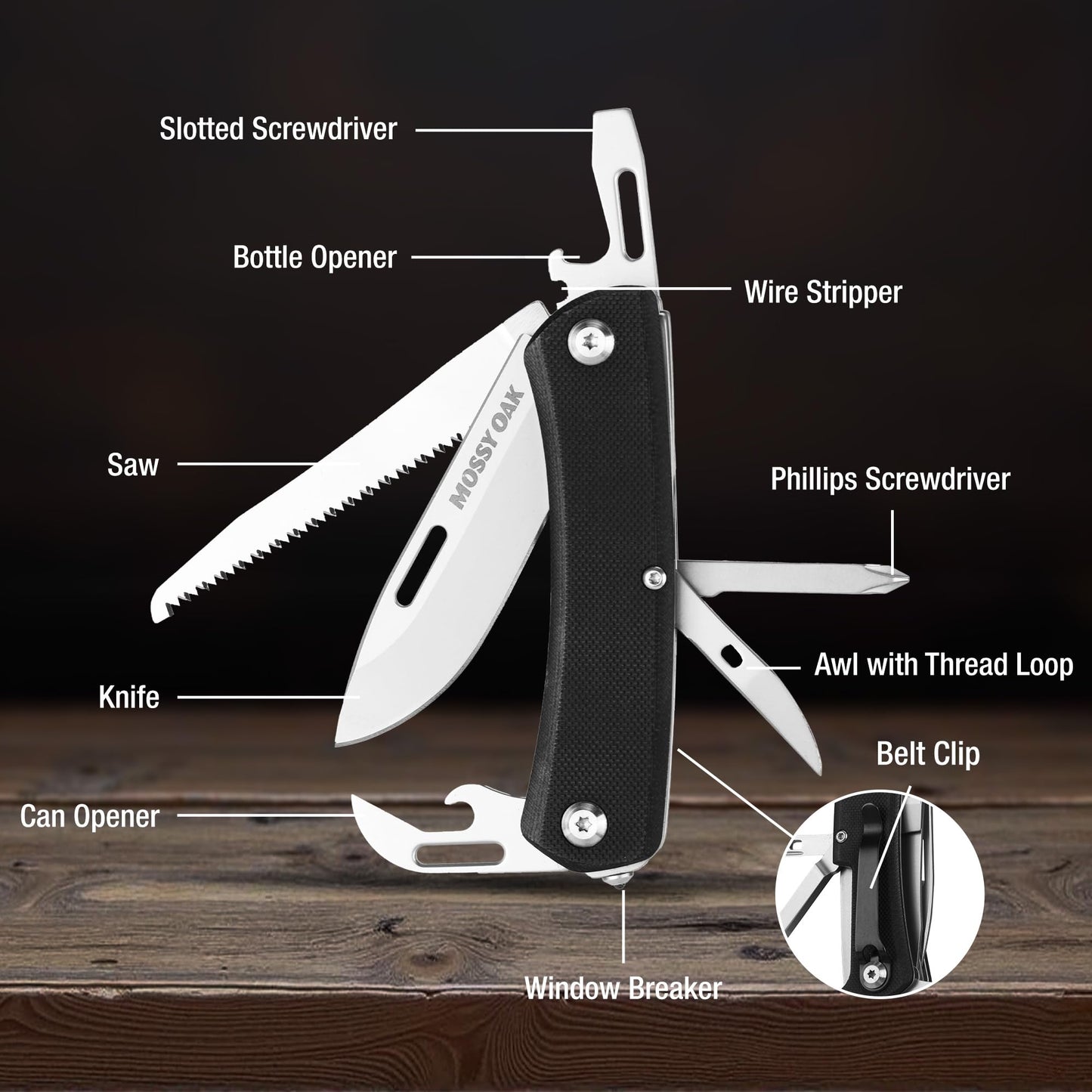 MOSSY OAK Multitool Pocket Knife, 10-in-1 Folding Pocket Knife Multitool with Stainless Steel Blade, Saw, Can Opener, Screwdrivers – EDC Tool for Camping, Hiking, Survival, Father Day Gifts