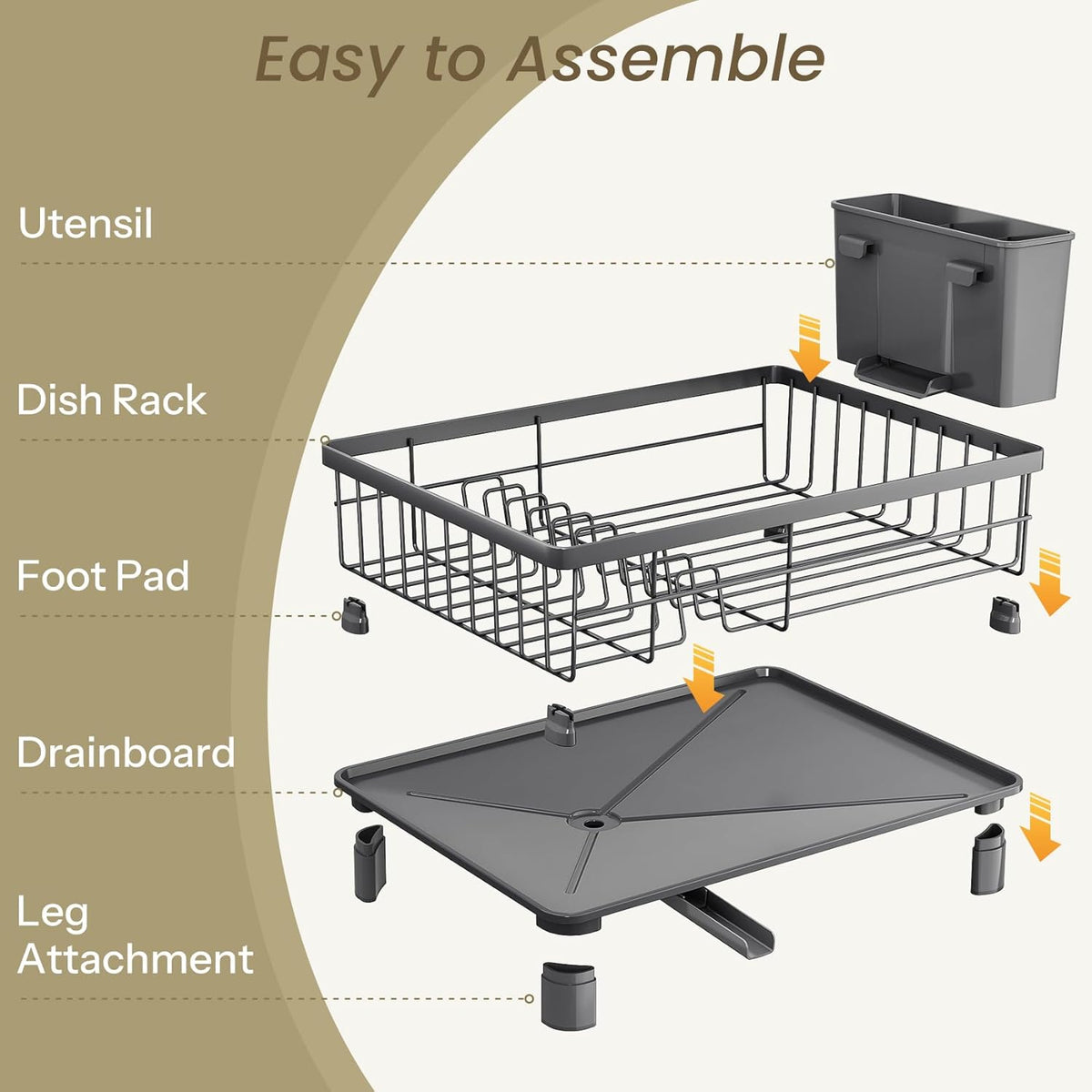 Dish Drying Rack - Small Dish Rack for Kitchen Counter, Stainless Steel Dish Drainer with Utensil Holder and Drainboard (Grey)
